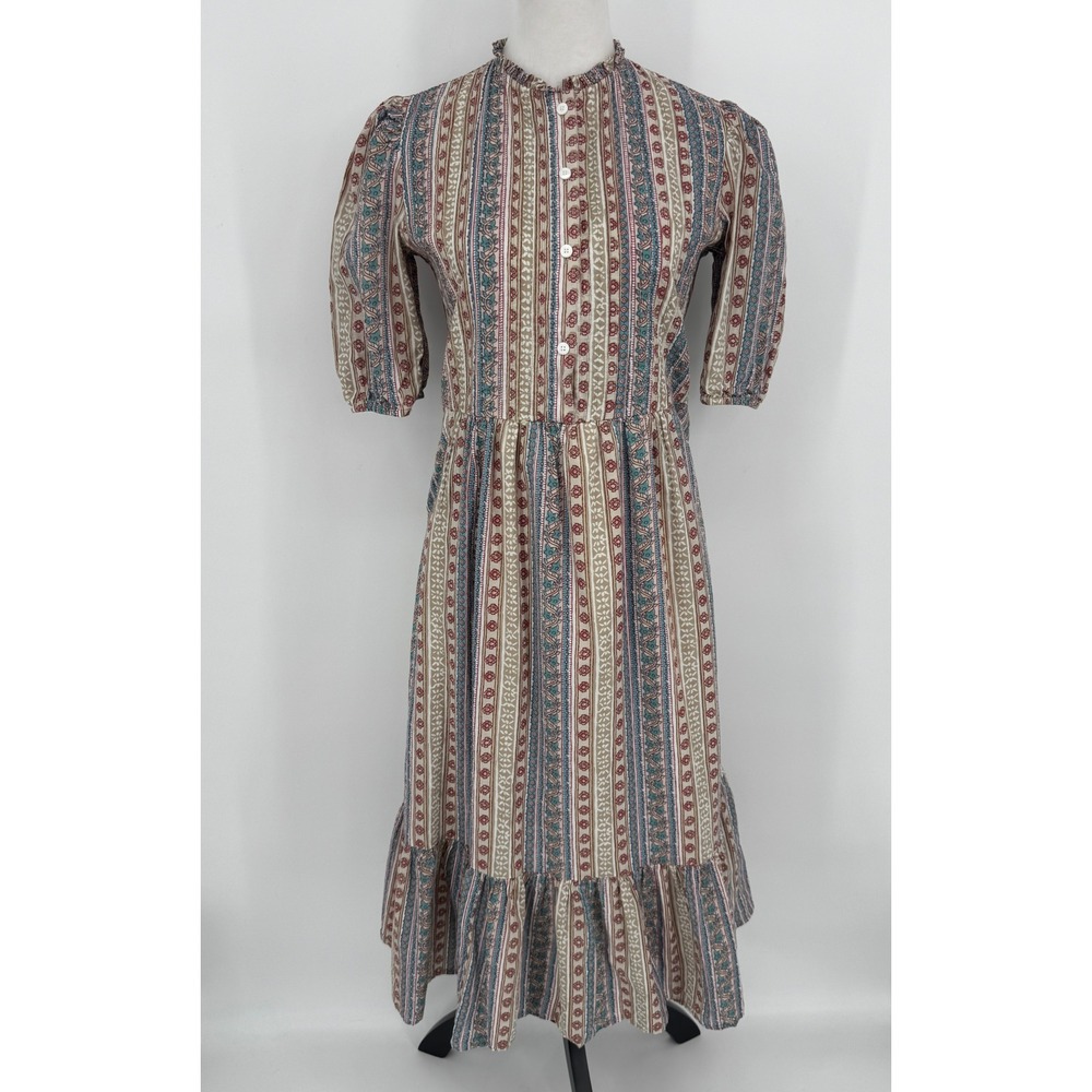 Beau & Ro Midi Dress XS Multicolor Boho Cottagecore Coastal Grandma Hand Printed